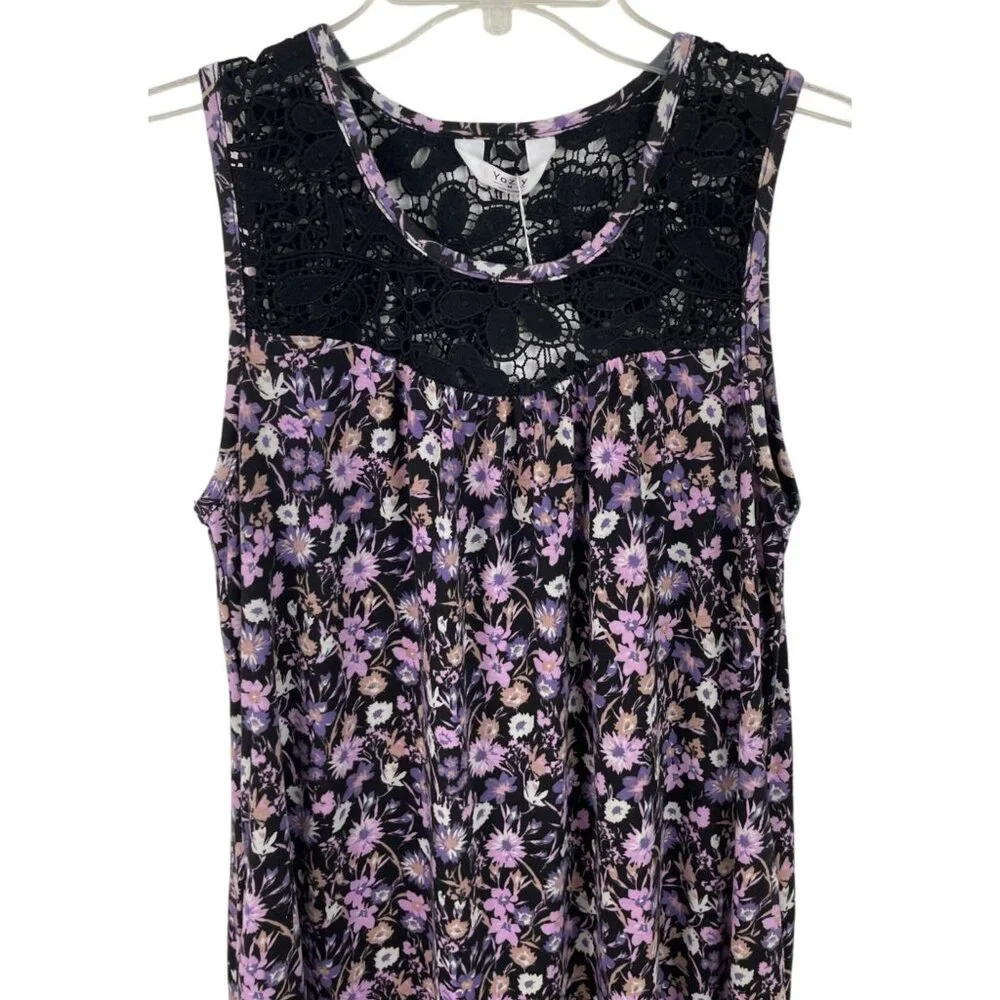 Yozly Womens Size Medium Black Purple Floral Tank Dress Pockets - Picture 3 of 11